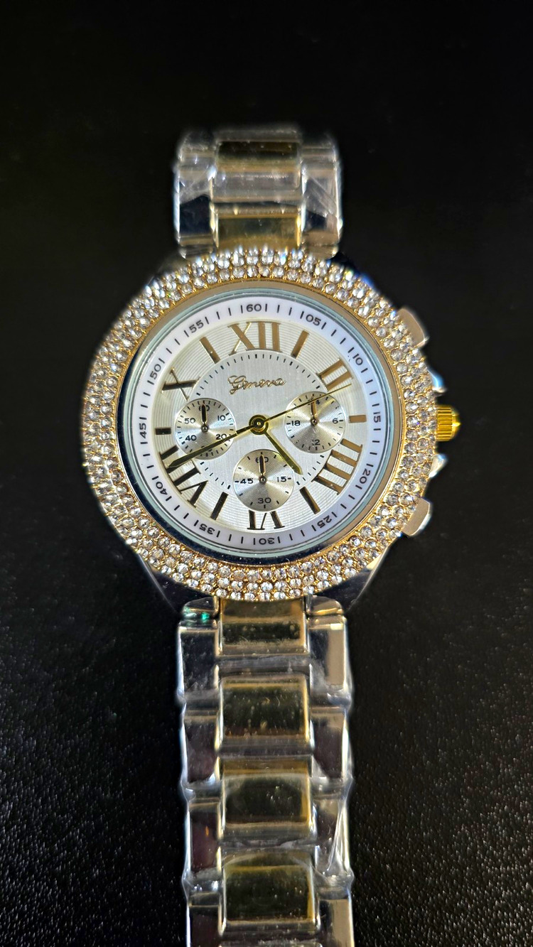 Geneva Women's Two-Tone Bracelet Watch Silver Dial Roman Numerals Crystal Bezel